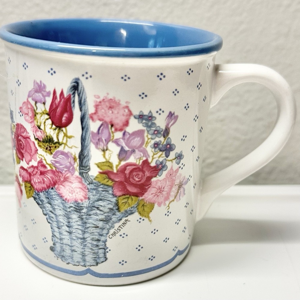 Vtg 1987 Potpourri Press Signed Christina Floral Basket Coffee Mug Korea Cottage